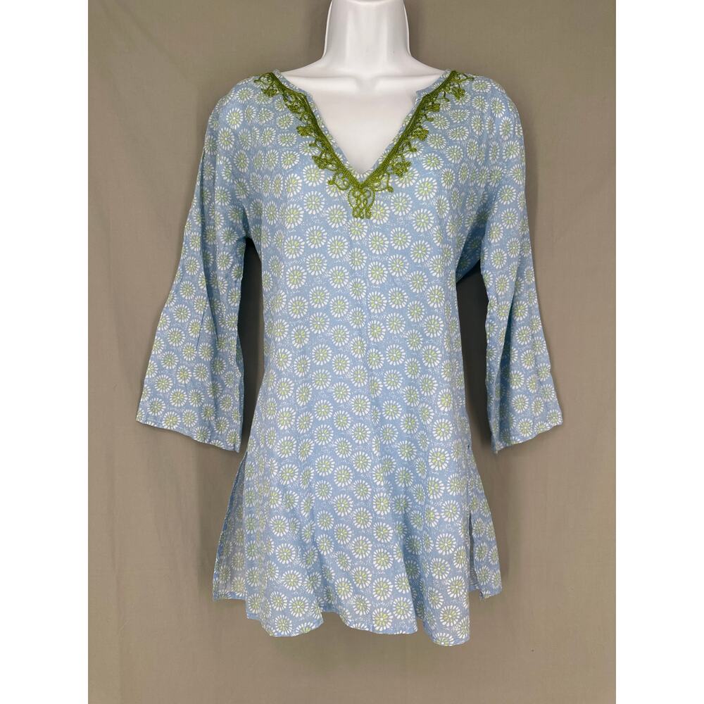 Rock Flower Paper Top Womens Small Blue Tunic Boho Beachy Embroidered Flowy